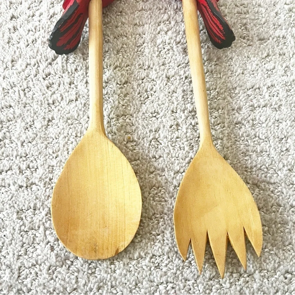 Wooden Salad Serving Set Cardinal Bird Utensils Fork Spoon Farmhouse Cottage